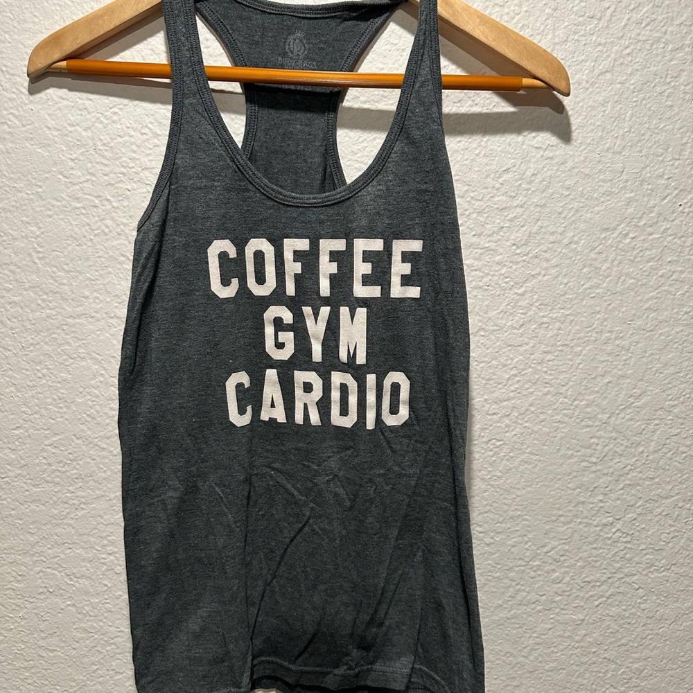 Body Rags Racerback Tank Top | Coffee Gym Cardio | Glitter Graphic | Size Small - Picture 2 of 7